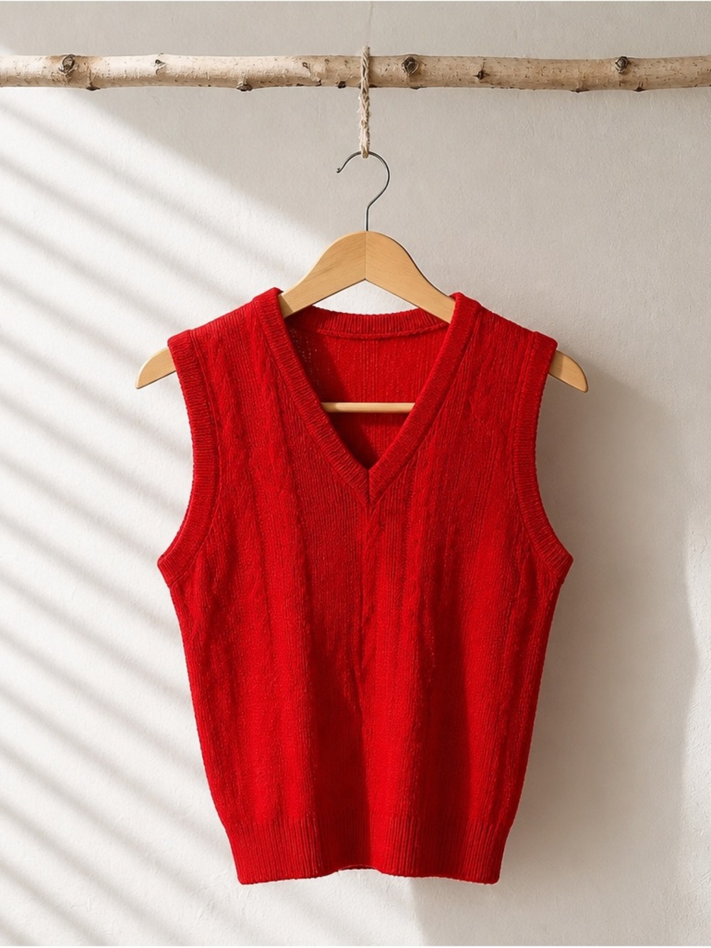 Red V-Neck Knit Sweater Vest - Women's